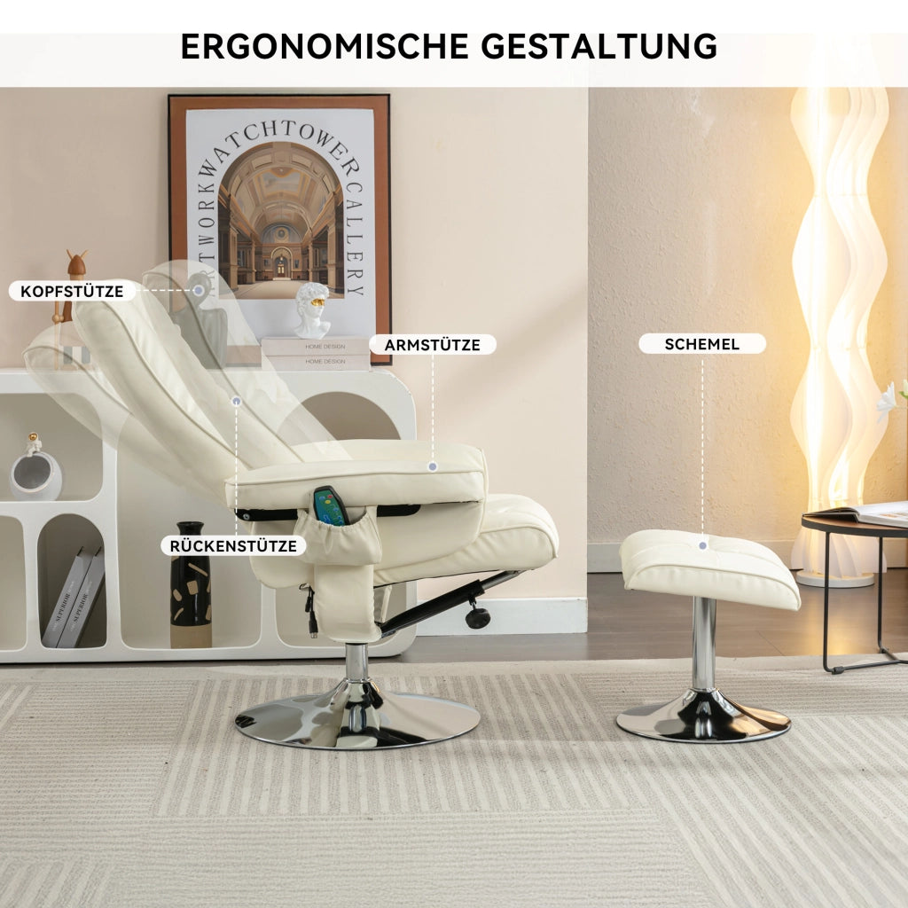 Poltrona massaggiante con poggiapiedi, riscaldamento e rotazione 360 per salotto, in similpelle PU, Beige