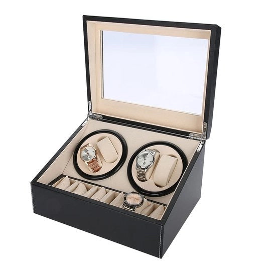 Winder per Orefici - 4 Tubi Rotanti - 6 Posizioni di Deposito - Silenzioso - Pelle in PU - 31 x 24 x 18 Cm - Cassetto per Orefici
