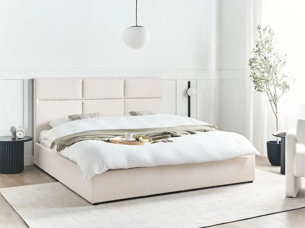 Letto ottomano Bianco Sporco Poliestere Rivestito 180 x 200 cm con Storage e Testata Mobili da Camera da Letto