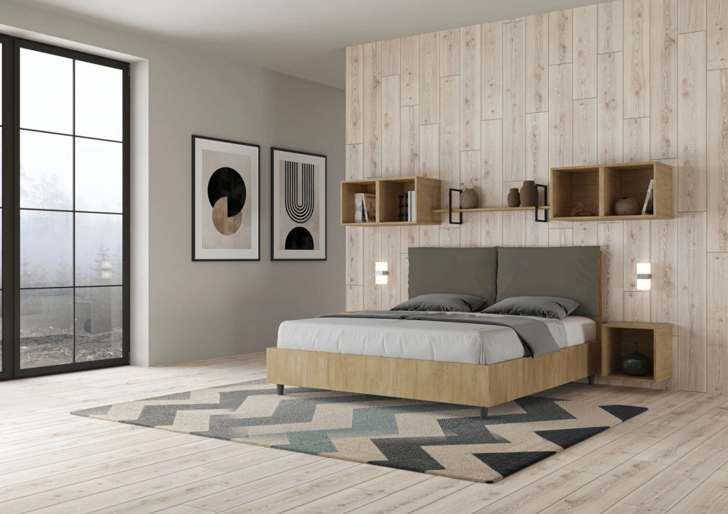 Letto Matrimoniale 160x190 cm con Rete e Contenitore Struttura Quercia con Cuscini in Similpelle Egos Antea Cappuccino