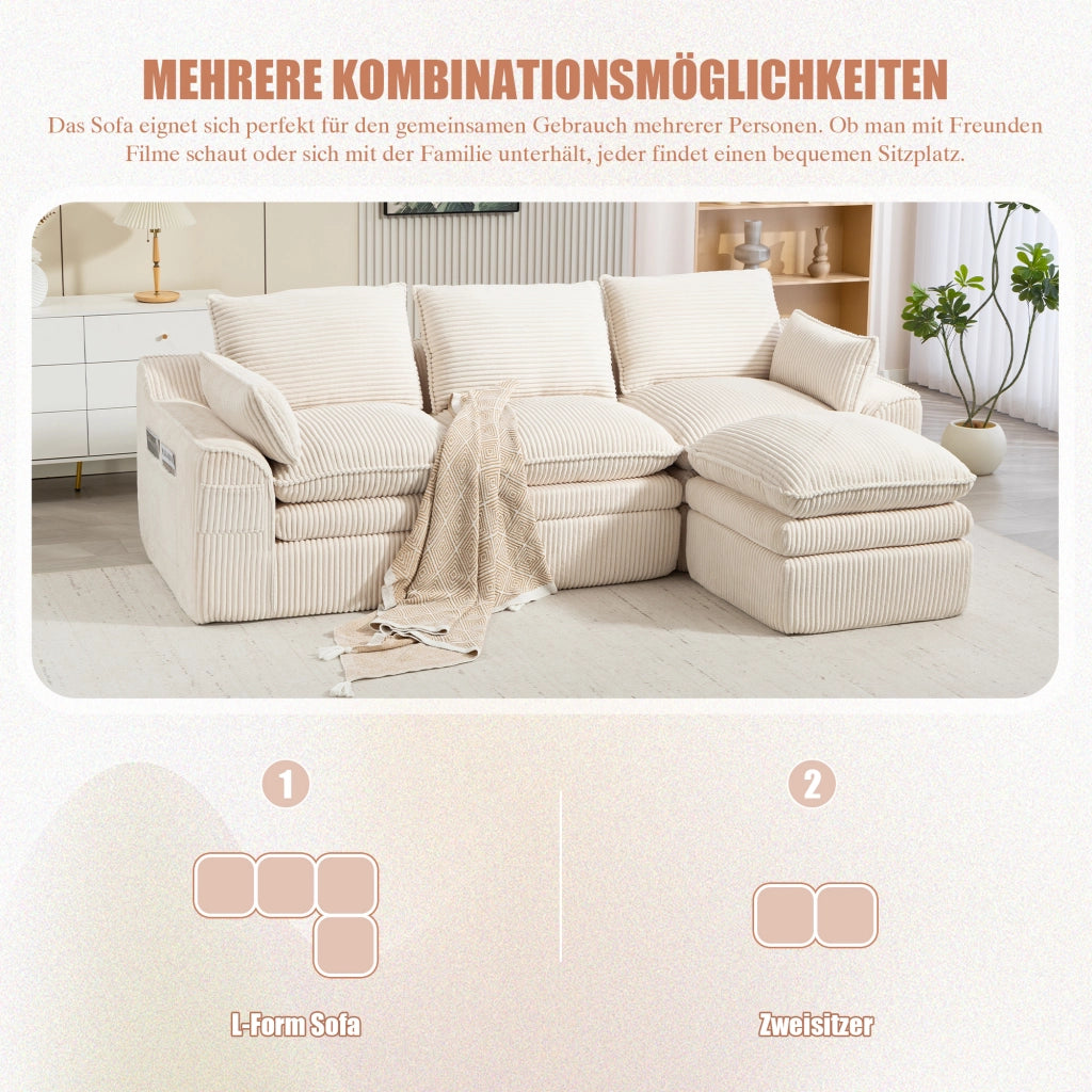 Divano modulare 3 posti - con pouf; tasche laterali e cuscini - in corduroy beige