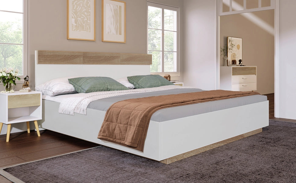 DESMIU Letto matrimoniale letto adulto 160 × 200 cm con testiera ed effetto sospeso, senza materasso, bianco rovere