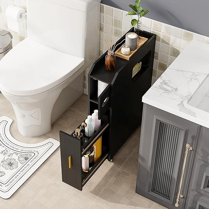 Credenza da Bagno Piccolo, Mobile Salvaspazio Stretto e Slim con Cassetto Scorrevole, Porta Fazzoletti, Portascopino e Ruote Bloccabile, Armadietto per Spazi Ridotti (Nero)