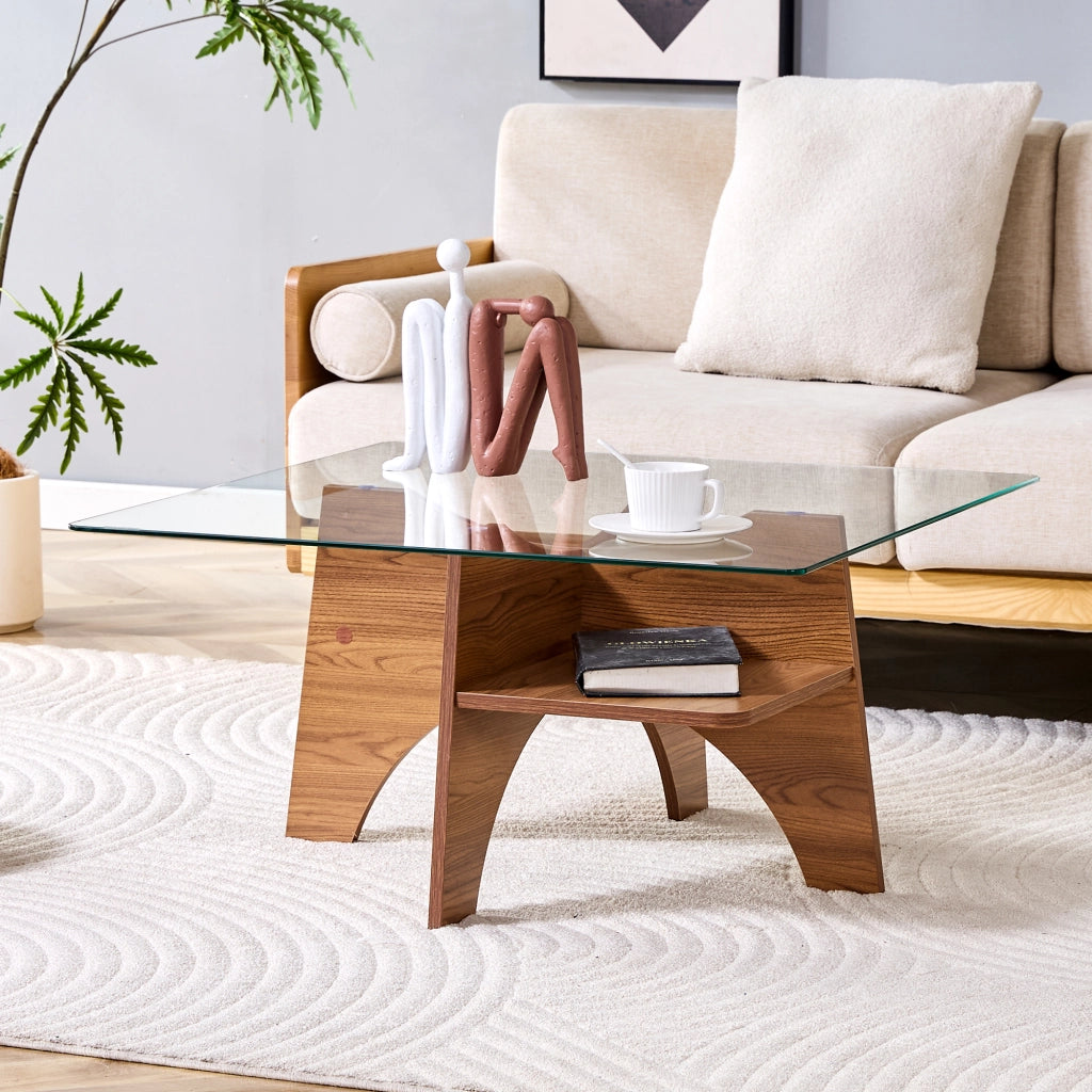 Tavolino/tavolino da caff¨¨ moderno di forma quadrata, realizzato in vetro temperato ¨C lati di 80 cm. Gambe in MDF con finitura effetto noce. Ideale pe