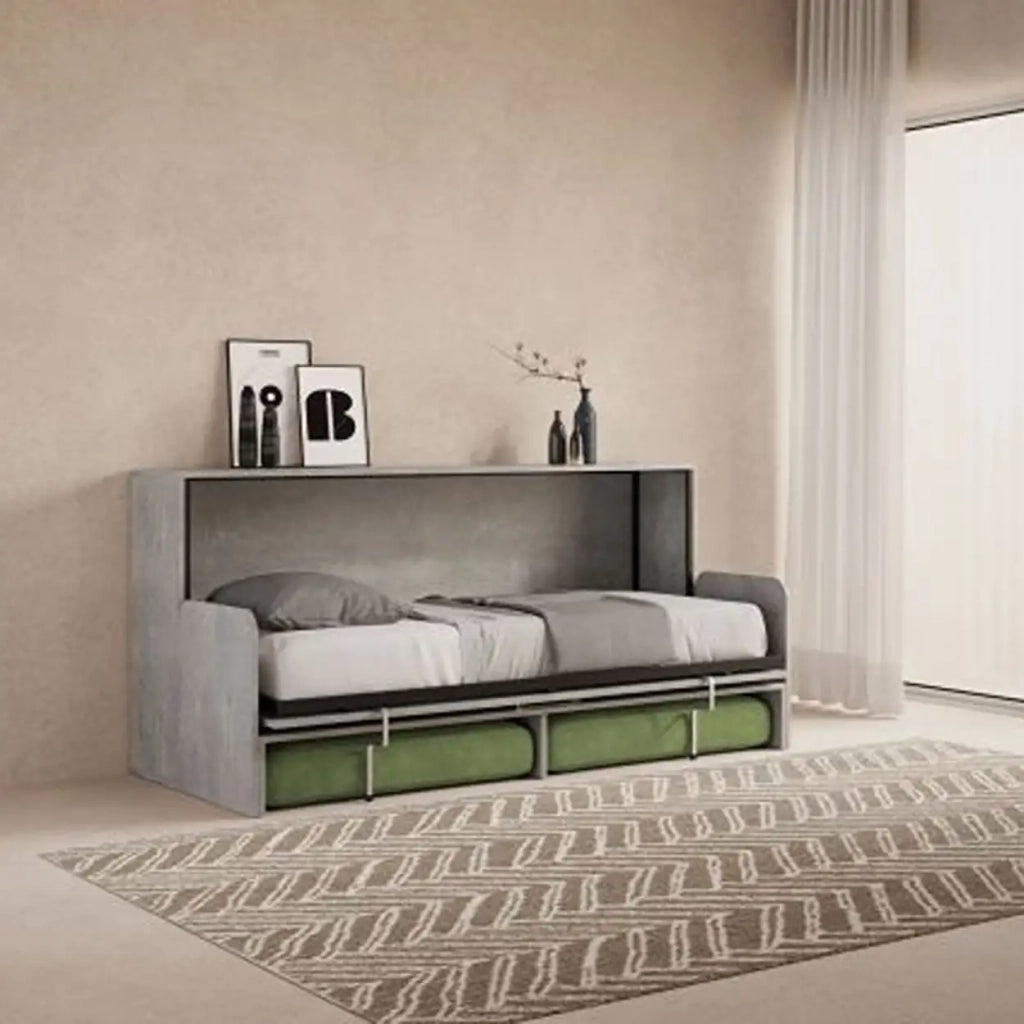 Letto singolo a scomparsa Kando con divano con materasso cemento, verde