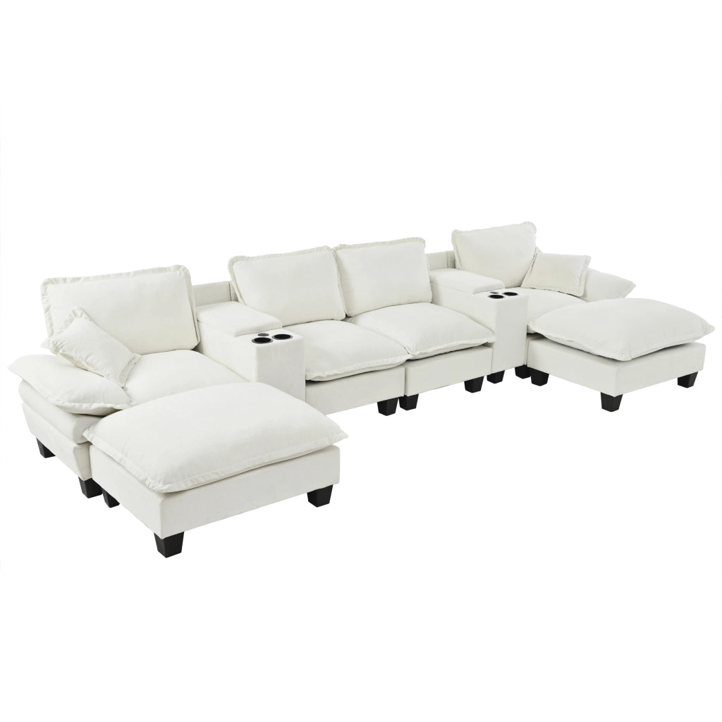 Divano Modulare U-Form con Ottomane e Cuscini ¨C Xylo ¨C Chenille, Beige, con Portabicchieri e USB
