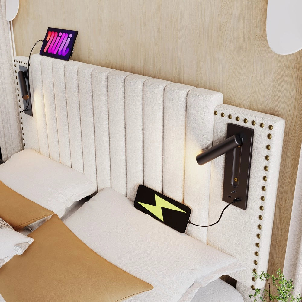 Letto Imbottito Contenitore 160x200 con Materasso ¨C Xylo ¨C Beige, Testiera LED USB, Similpelle