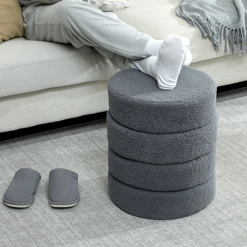 Pouf Rotondo Reposapiedi in Poliestere con Pattini Protettivi, Grigio Scuro