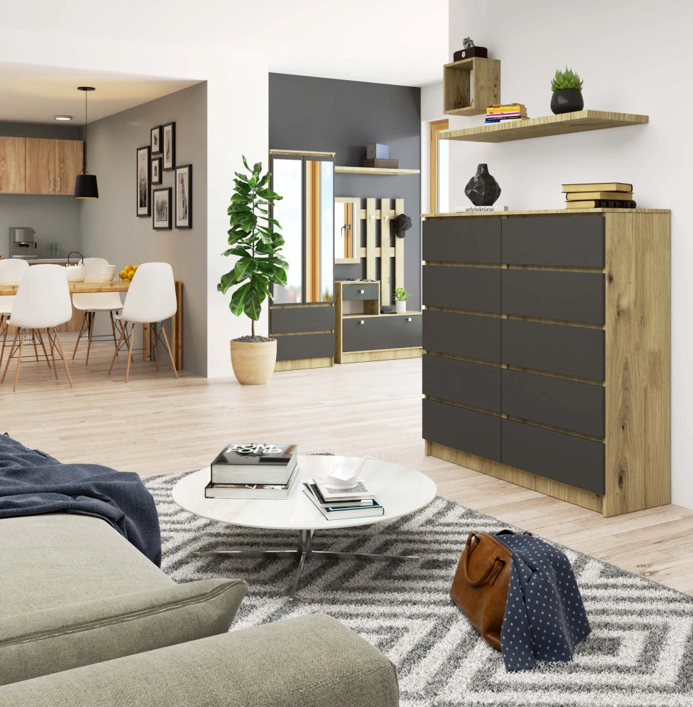 Cassettiera AKORD K120 Quercia Artisan 120 cm 10 cassetti inserto frontale Grigio Grafite 120x40x121 cm