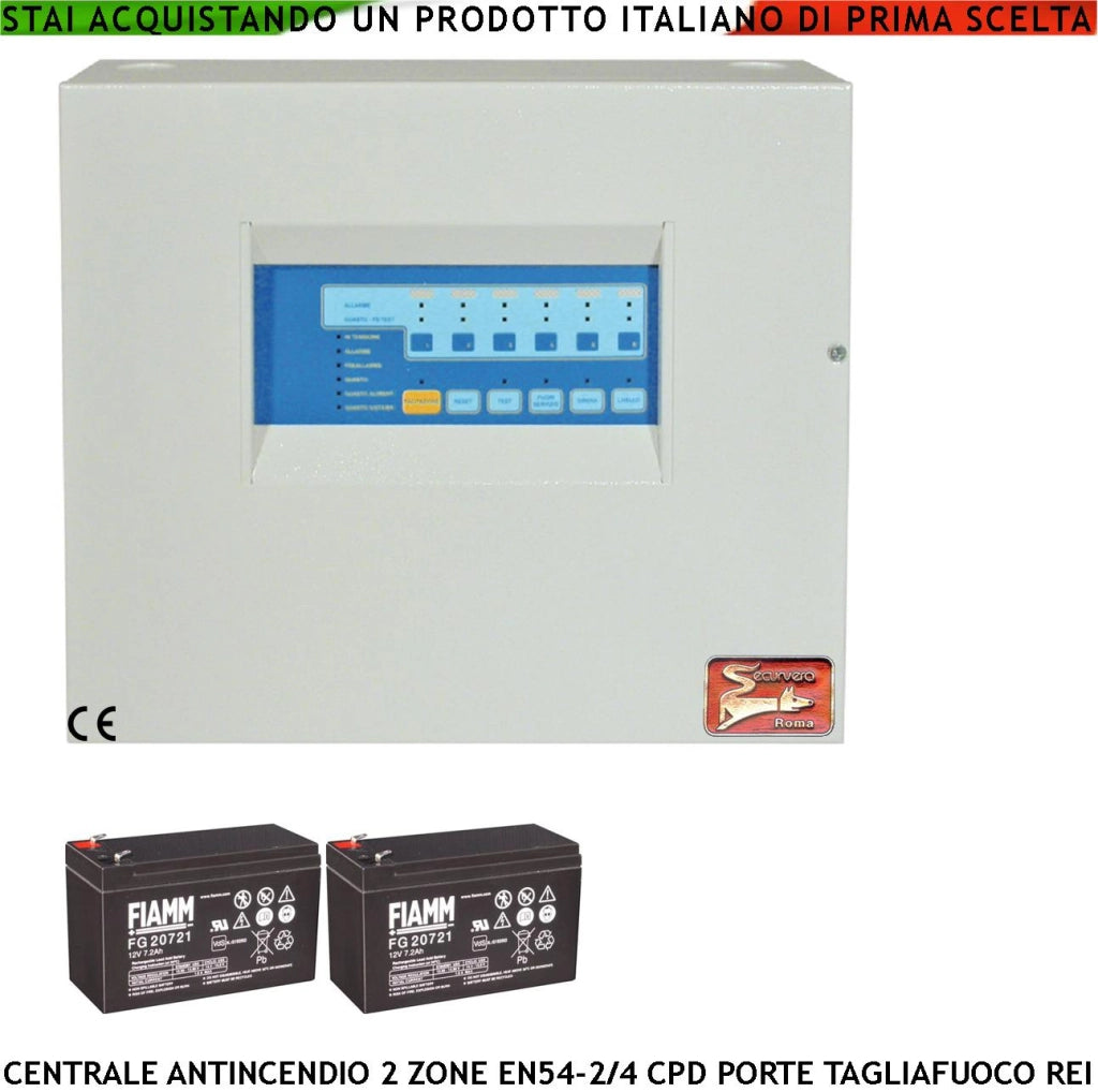 CENTRALE ANTINCENDIO 2 ZONE GESTISCE 65 SENSORI COMANDA BLOCCA PORTE R.E.I ALLARME TELEFONICO SIRENE SPEGNIMENTO 2 BATTERIE 12 V 7,2 AH