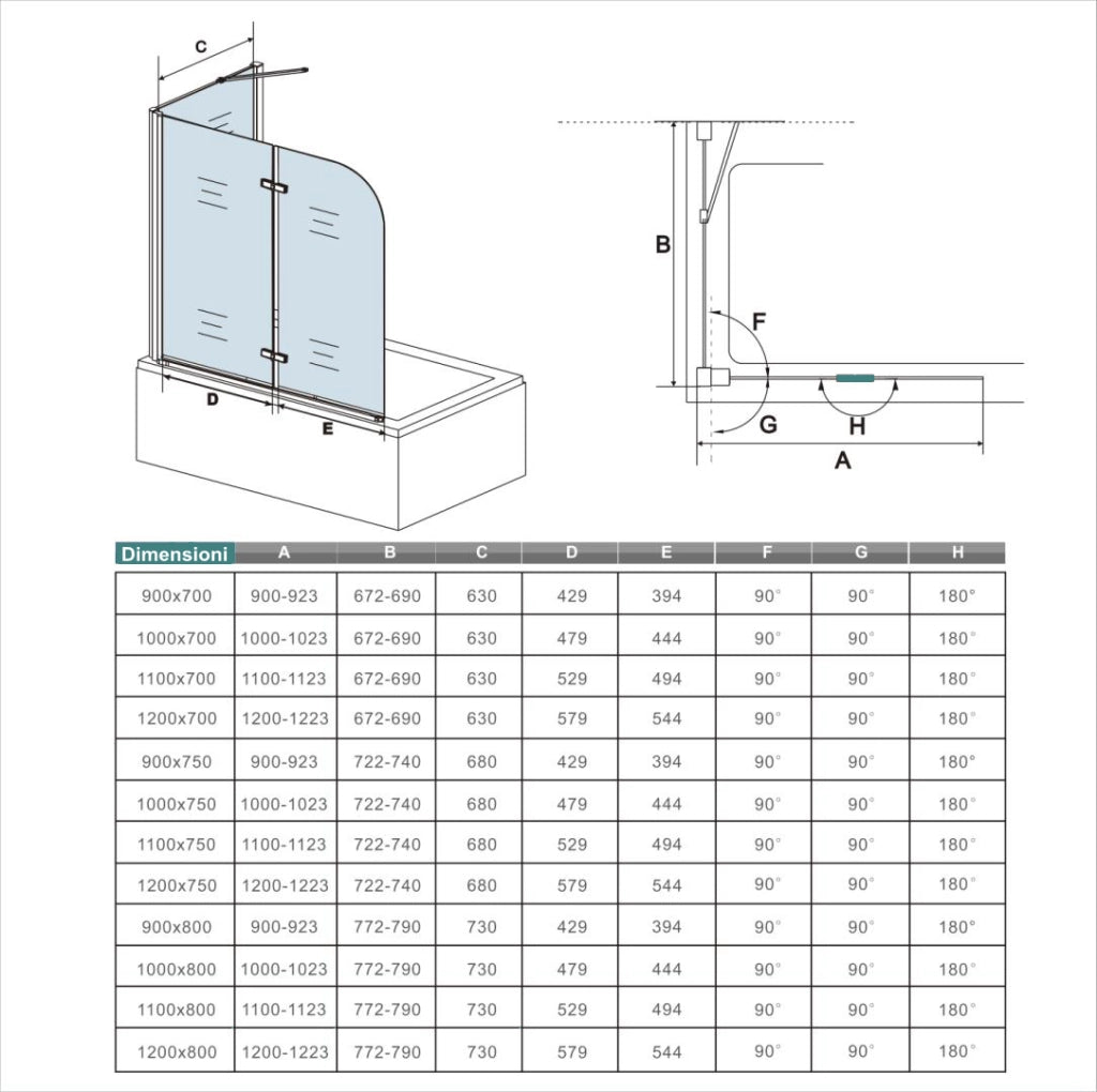 H.140 cm Sopravasca da Bagno Doccia con Parete Fissa 100x80 cm Due Ante Pieghevoli a Libro Vetro Temperato Trasparente 6 mm Anticalcare Cromo Lucido