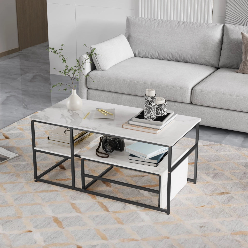 Tavolini da salotto set 2 pezzi 105x52x48,5 cm tavolino pieghevole sovrapponibile con contenitore effetto marmo metallo - nero