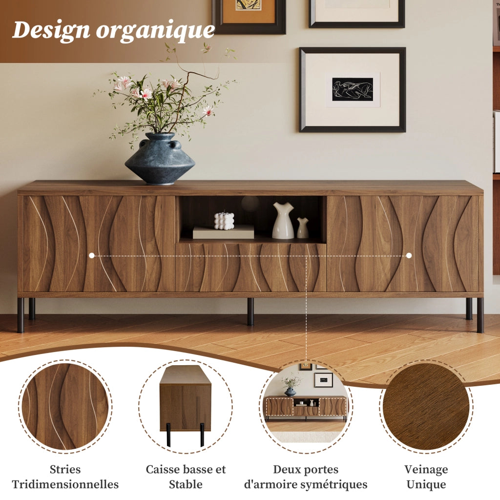 Mobile TV con ante ondulate; vano centrale e passacavi; MDF naturale; gambe in ferro 160 × 35 × 46 cm