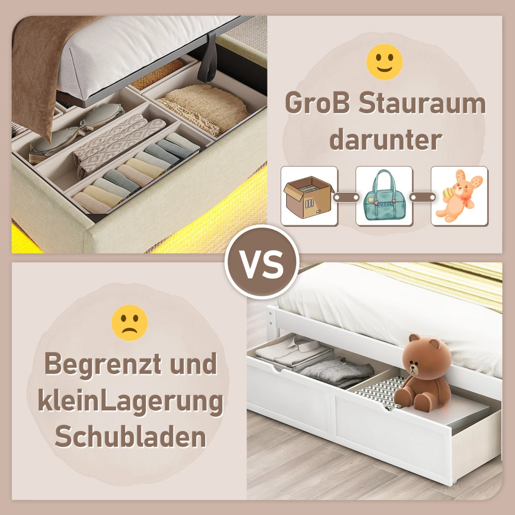 LETTO Contenitore 90x200 cm in lino beige con LED, USB e Type-C