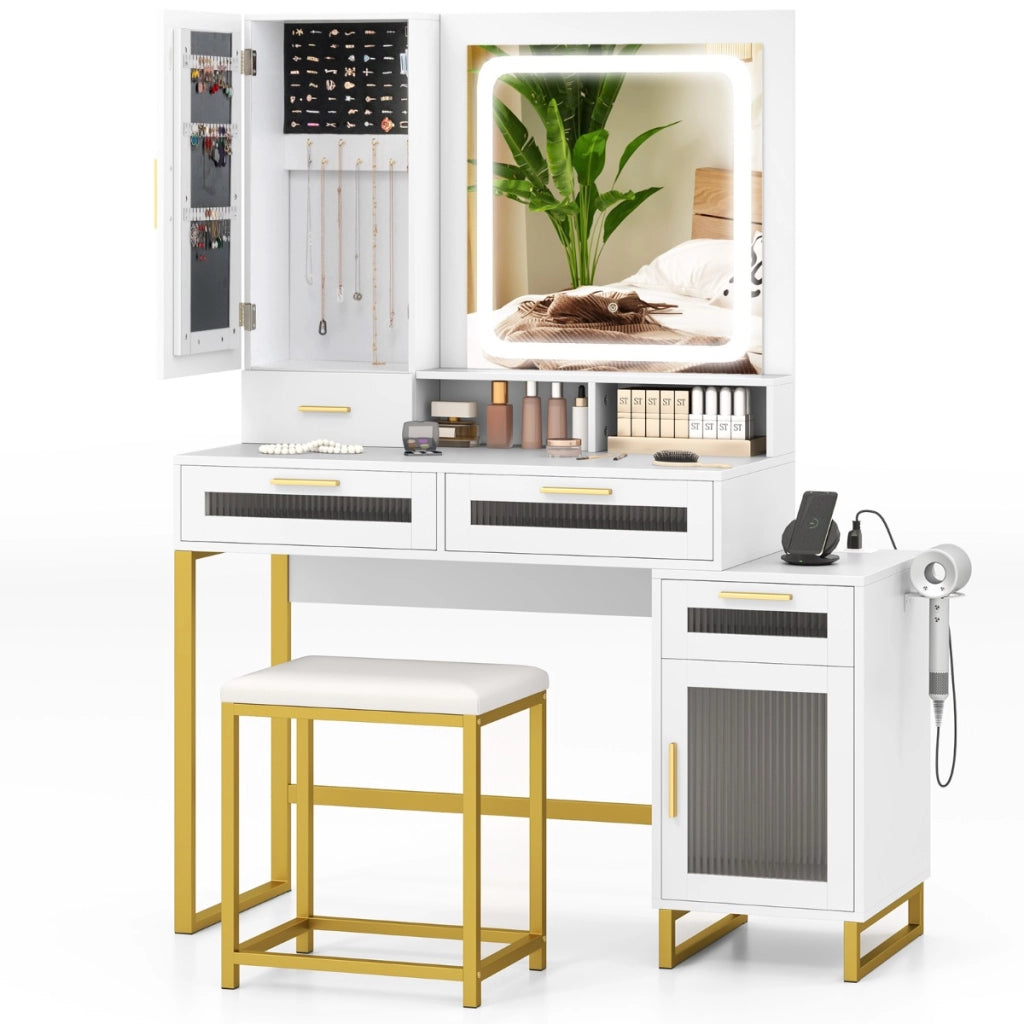 Scrivania per trucco con specchio illuminato, Set tavolo da trucco e sgabello con stazione di ricarica Bianco + Oro
