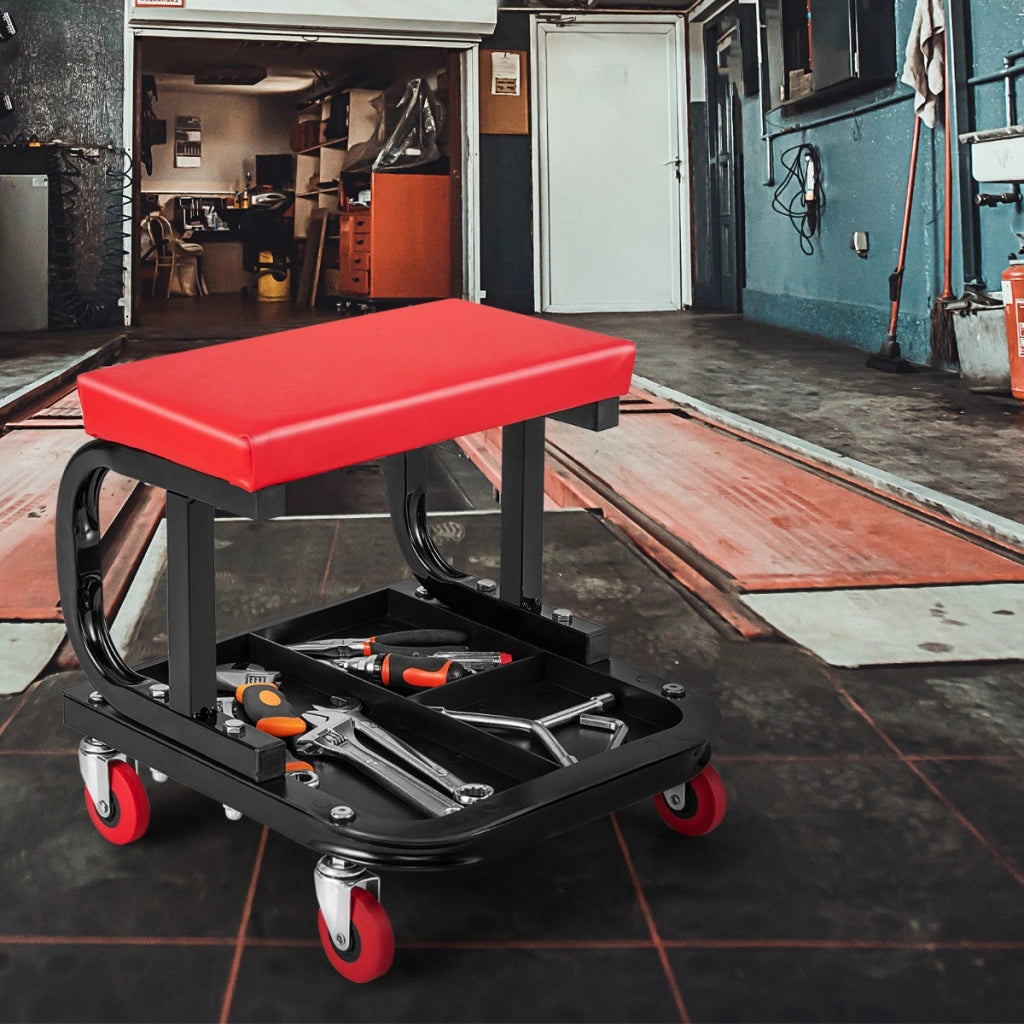 Sgabello da officina con ruote sedile imbottito e vassoio porta attrezzi, Sgabello da meccanic portata 150KG