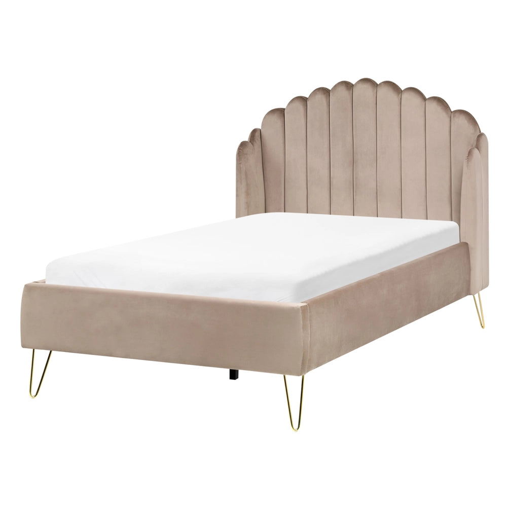 Letto matrimoniale con rete in velluto tortora 120 x 200 cm  gambe in metallo testata retro capitonné