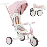 Triciclo per Bambini 5 in 1 con Maniglione di Spinta e Copertura Rimovibile, 96.5x49x101 cm, Rosa