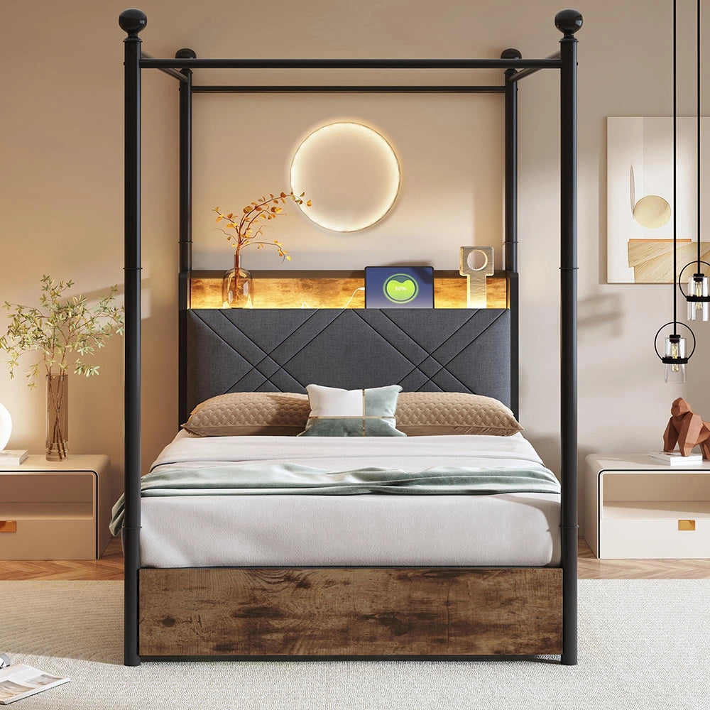 Letto ferro 90x190cm?- Xylo - LED USB 2 cassetti nero