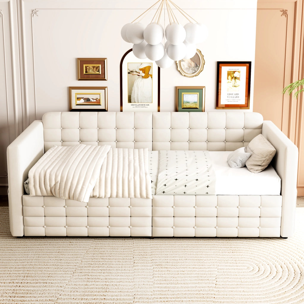 LETTO Imbottito 90x190 cm Beige con tasche laterali e 2 cassetti