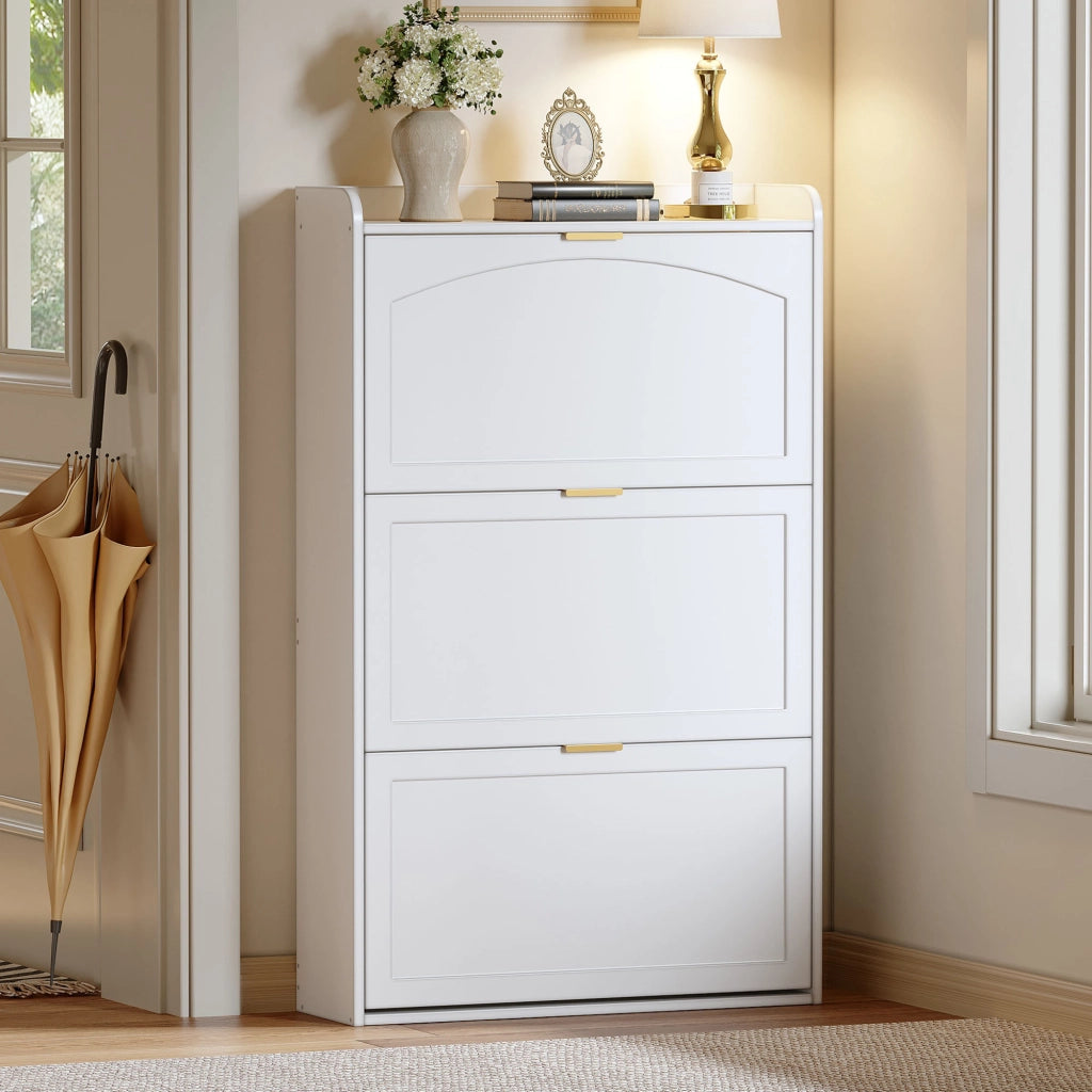 Scarpiera con 3 ante ribaltabili per ingresso e soggiorno in truciolare bianco 76x23x118 cm