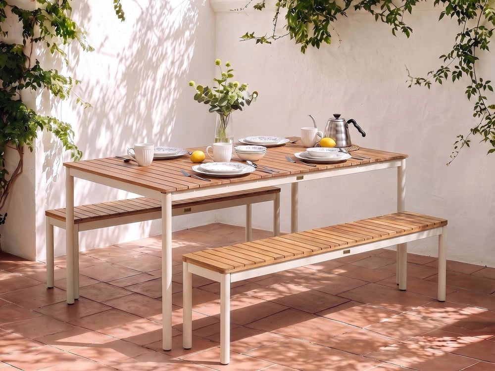 Set da giardino composto da 2 panchine in legno di acacia marrone con struttura in acciaio e pannello in compensato, stile moderno