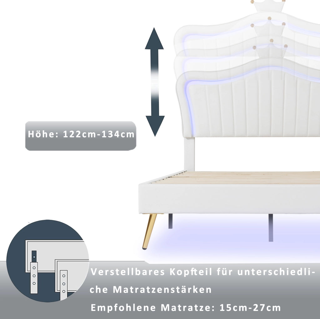 Letto per bambini imbottito 90x200 cm bianco con testiera a conchiglia e LED