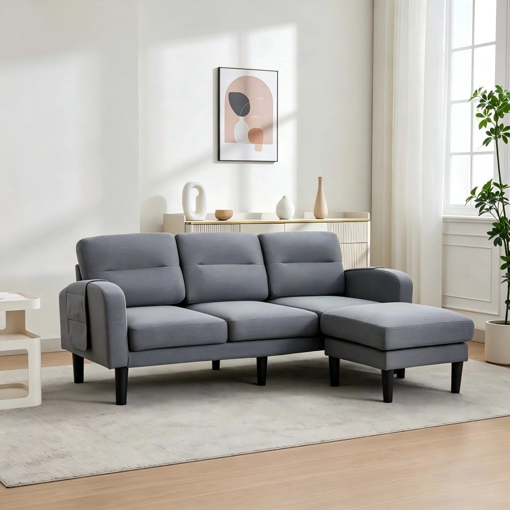 DIVANO Angolare a L 204x136x80 cm Tessuto Grigio 3 Posti con Chaise Longue