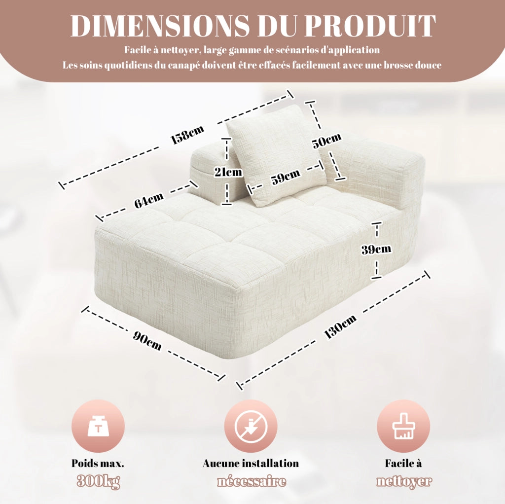 Chaise longue moderno in chenille beige 158x90x60 cm con tasche laterali e cuscino