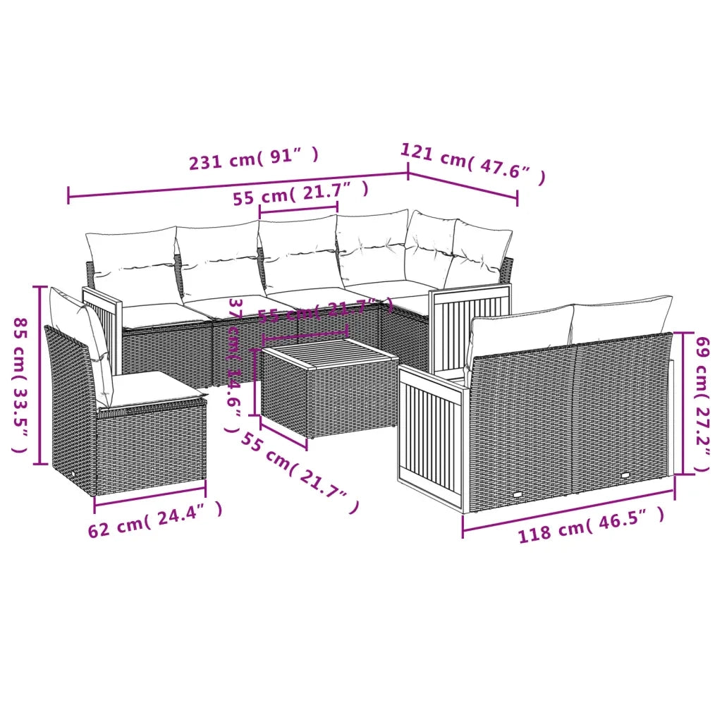 Set Divani da Giardino 9 pz con Cuscini Nero in Polyrattan
