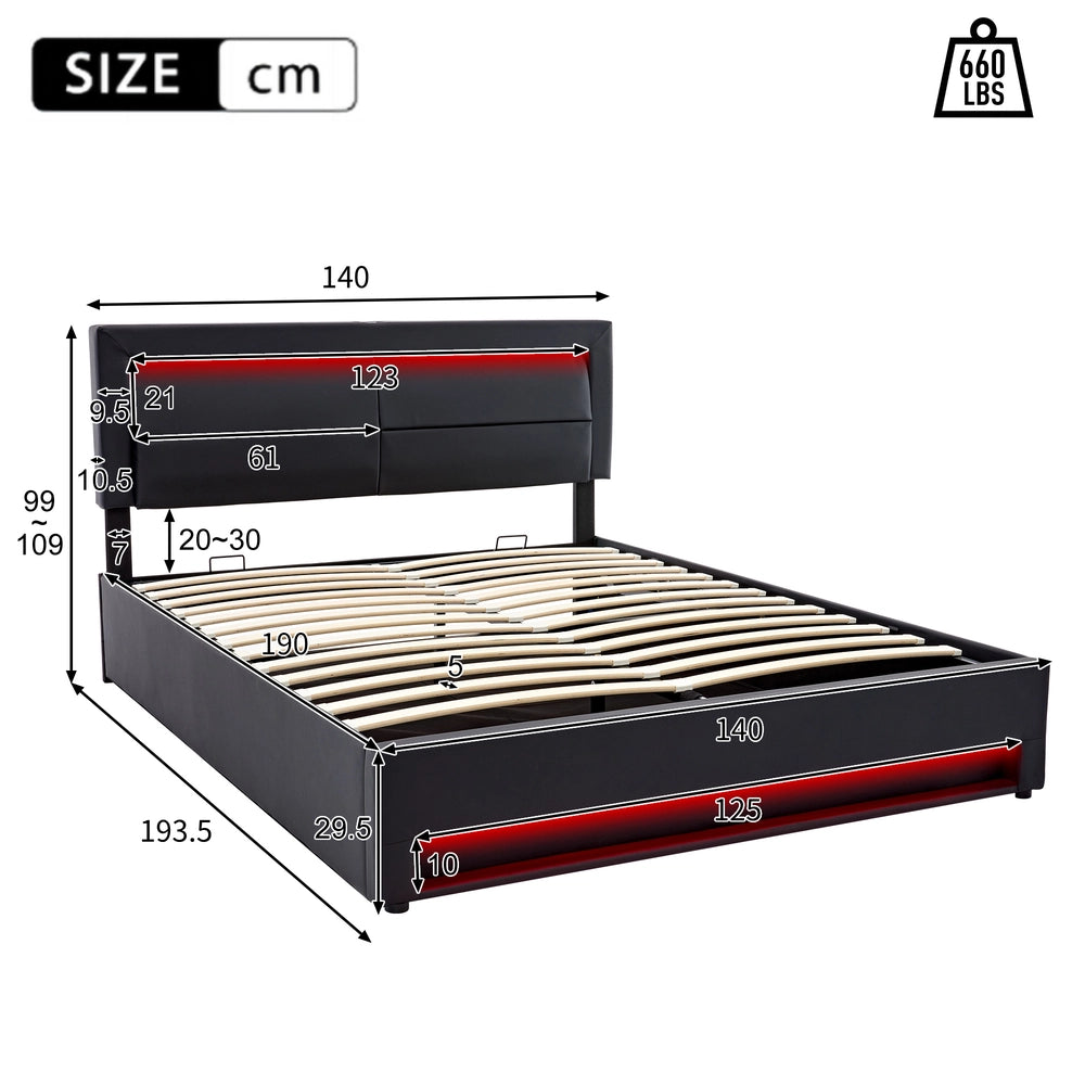 Letto Imbottito con LED e Contenitore ¨C Xylo ¨C Nero, 140x190, USB