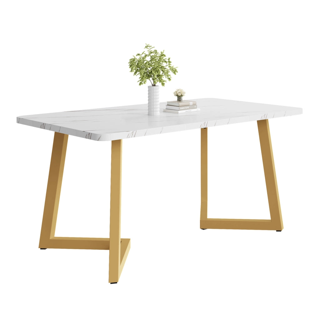 Tavolo da pranzo rettangolare 117x68 cm in MDF effetto marmo bianco con gambe in metallo dorato