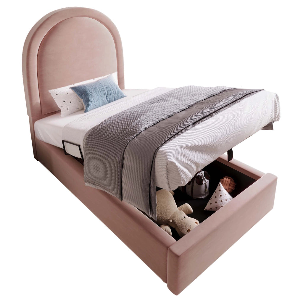 Letto singolo contenitore 90×200 cm con testiera; rete sollevabile; materasso incluso; velluto; rosa