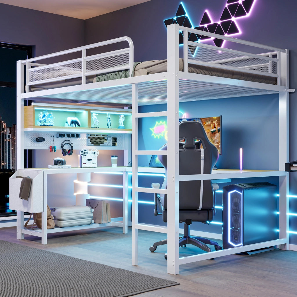 Letto a soppalco 140x200 cm con scrivania, LED e ricarica USB
