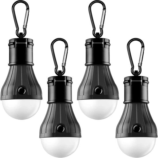 Lanterna da campeggio portatile LED - 4 pezzi - Lampada da campeggio impermeabile - Illuminazione di emergenza con anello di attacco - Con anello - A batterie - Materiale ABS - Adatto per campeggio, passeggiate, feste, pesca - Nero