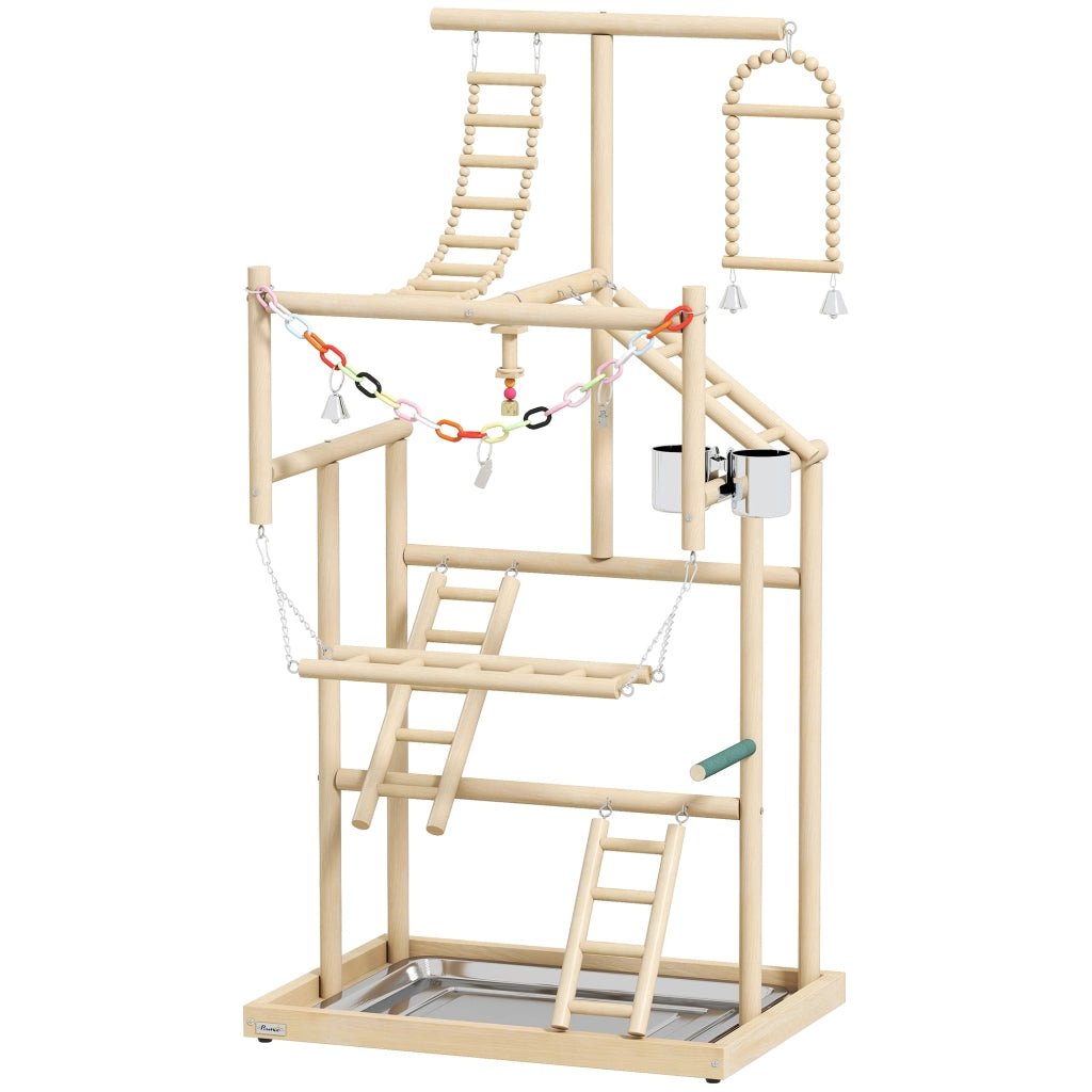 Trespolo per Pappagalli 48x38x95 cm con Giochi Vassoio Rimovibile e Posatoi in Legno Naturale