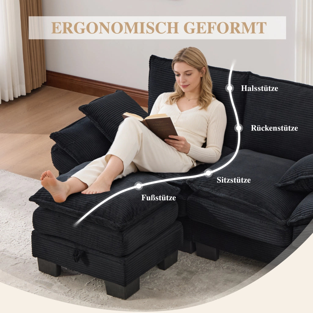 Divano modulare 2 posti - con pouf; USB-C e tasche laterali - in corduroy nero