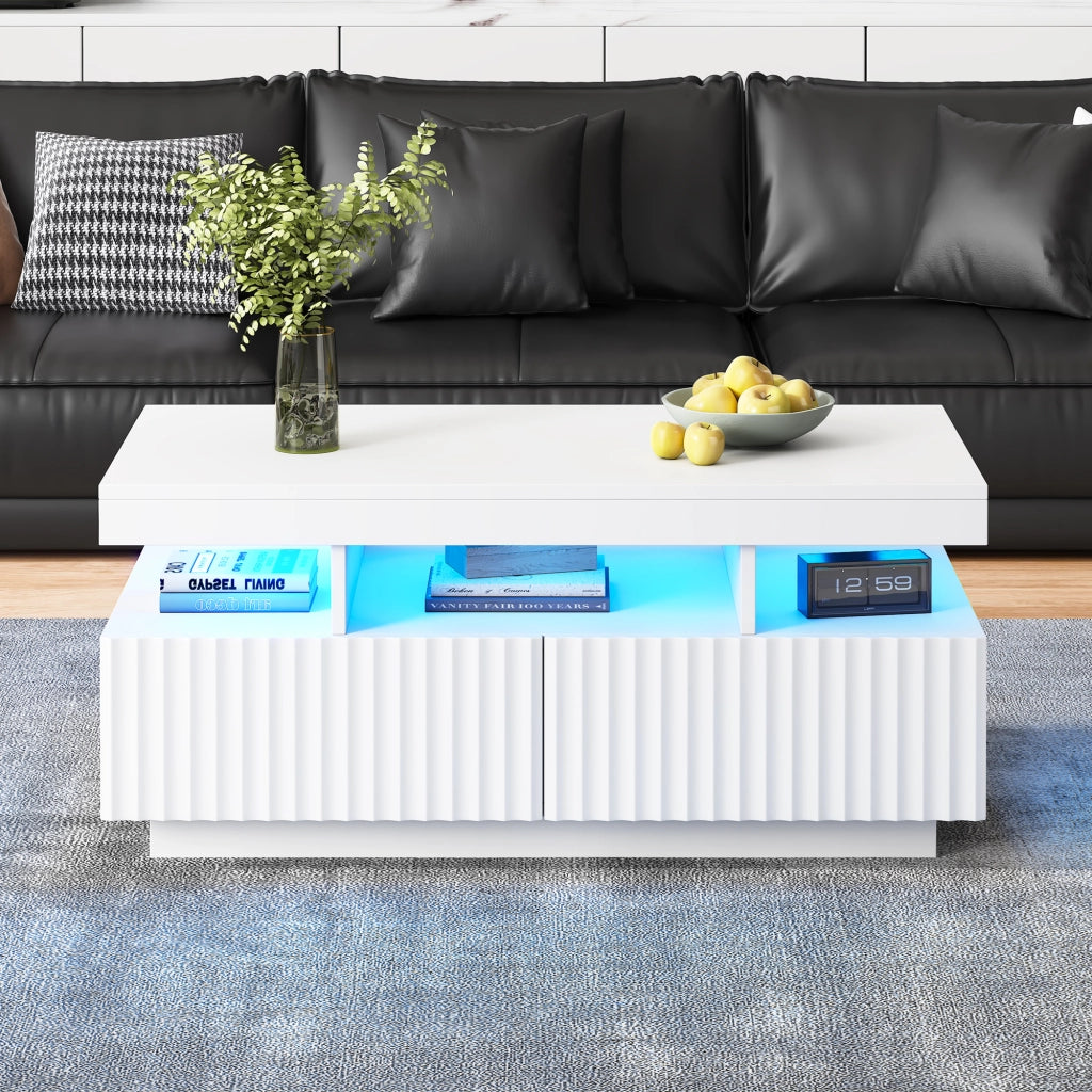 Tavolino da caffè con 2 cassetti; vano aperto e striscia LED - per soggiorno - 100×50×45 cm - in truciolare - bianco