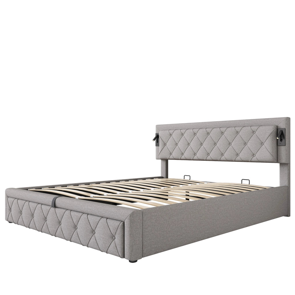 LETTO Contenitore 180x200 cm con downlight e USB, lino grigio