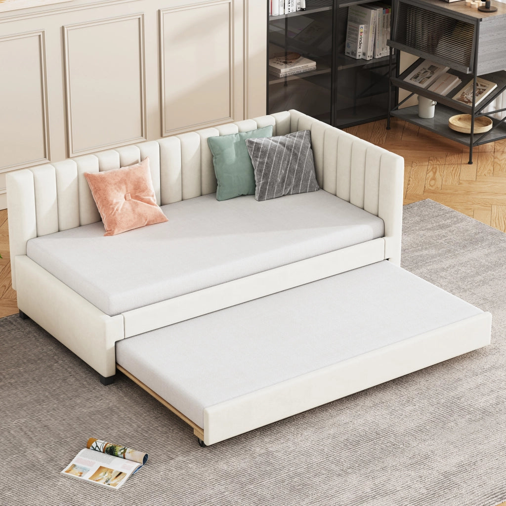DESMIU Lit gigogne 90 × 200 cm 1 place con letto estraibile, senza materasso, in velluto beige