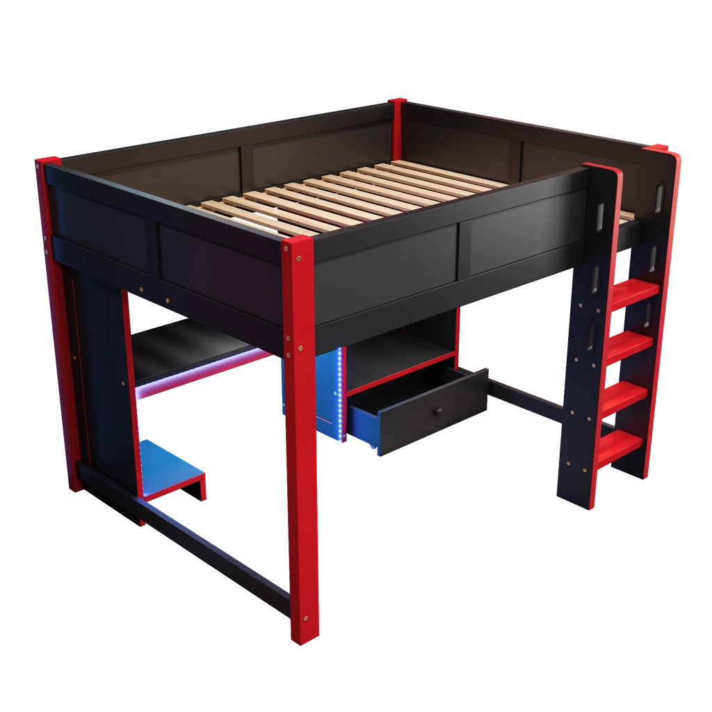 DESMIU Lit mezzanine 140 × 200 cm 1 posto con scrivania, armadio, LED, senza materasso, in legno, nero e rosso