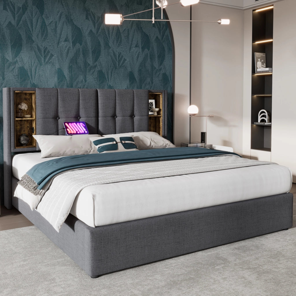 Letto imbottito 140x200 cm con ricarica wireless, USB e contenitore, grigio