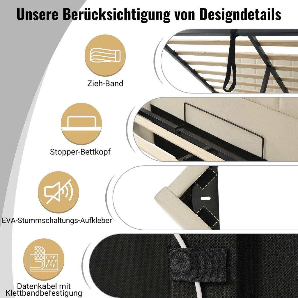 LETTO contenitore 180x200 cm beige in lino con LED e USB