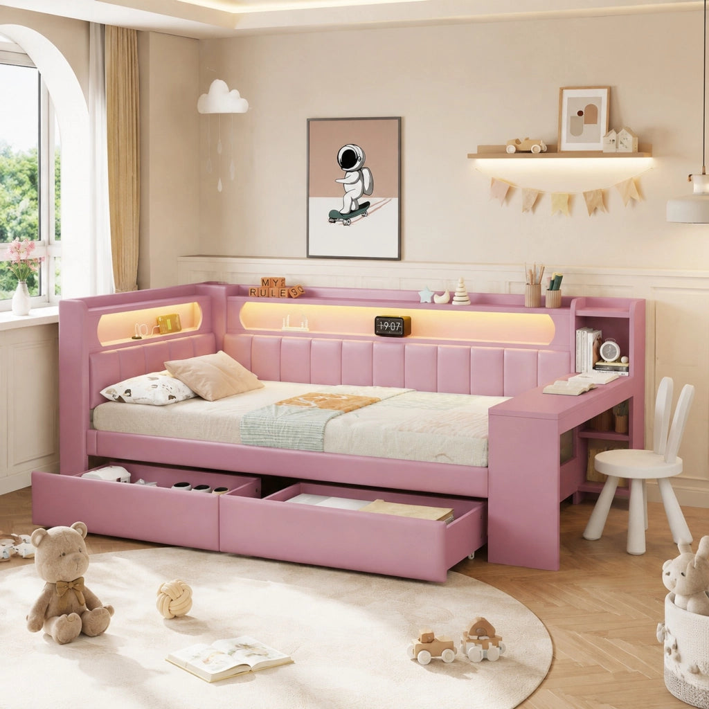 Daybed imbottito 90x200 cm rosa con LED; USB; scrivania integrata e 2 cassetti