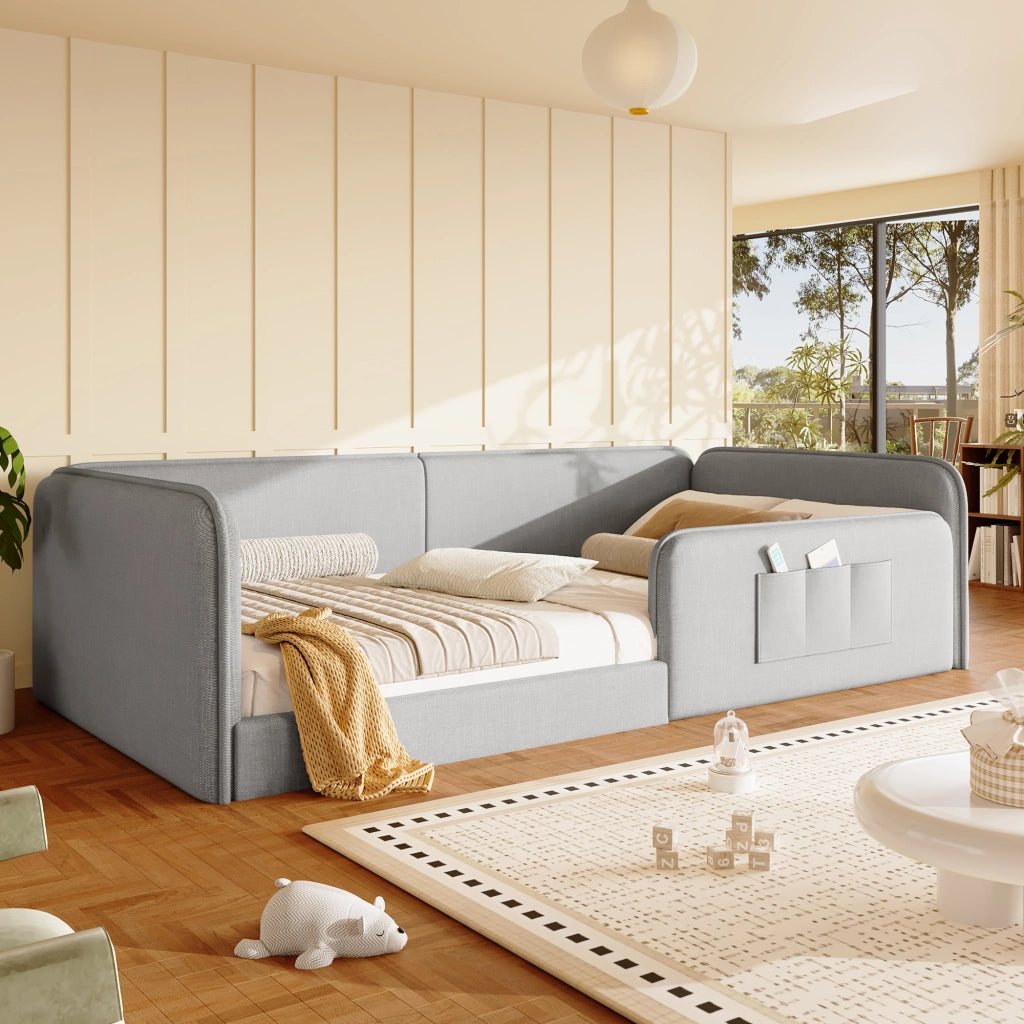 DESMIU Lit simple 90 × 200 cm con tasche portaoggetti, senza materasso, in lino, grigio