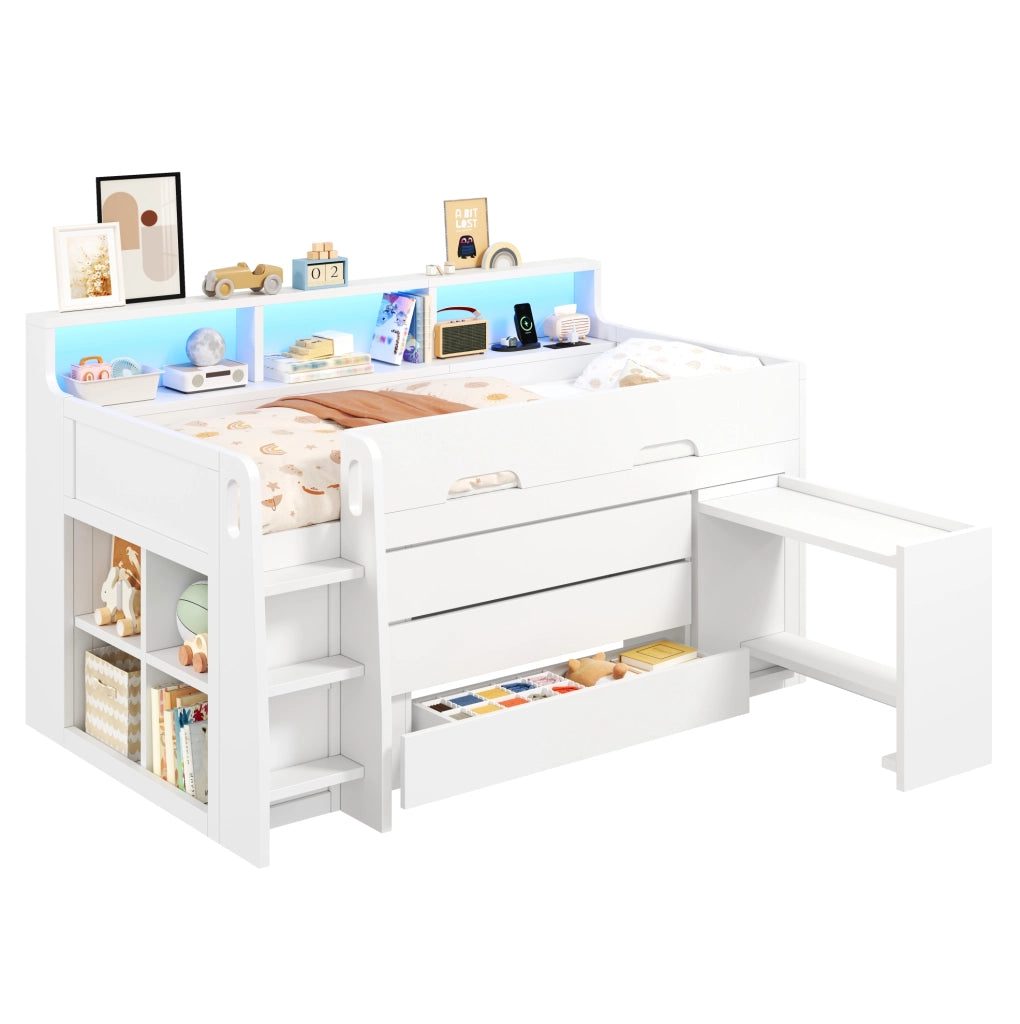 Letto a soppalco basso 90x200 cm con 3 cassetti; scrivania mobile; LED e ripiani; bianco