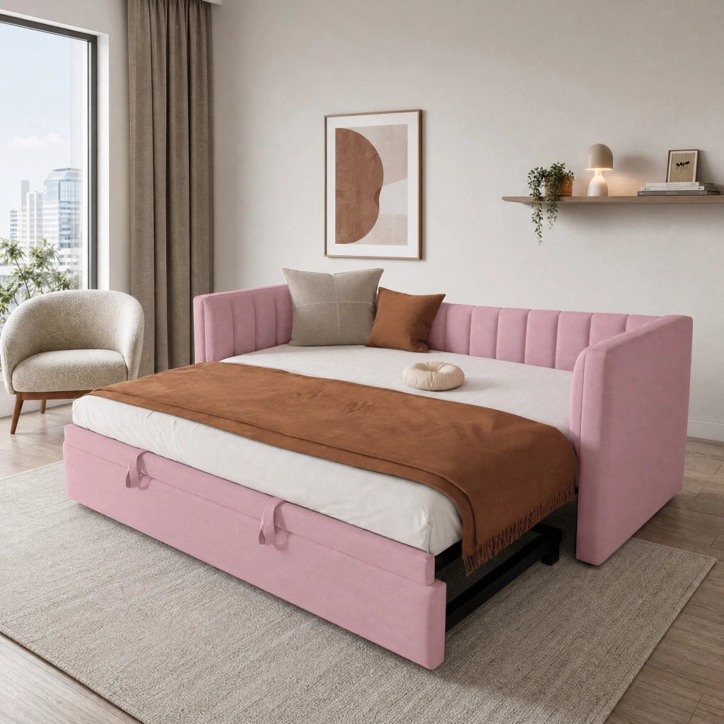 Daybed imbottito con letto estraibile 90 x 200 cm (180 x 200 cm), in velluto, rosa, senza materasso