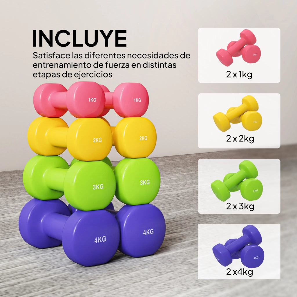 Set di 8 manubri esagonali 20 kg ¨C Minimal ¨C 4 paia 4 kg 3 kg 2 kg 1 kg neopreno antiscivolo