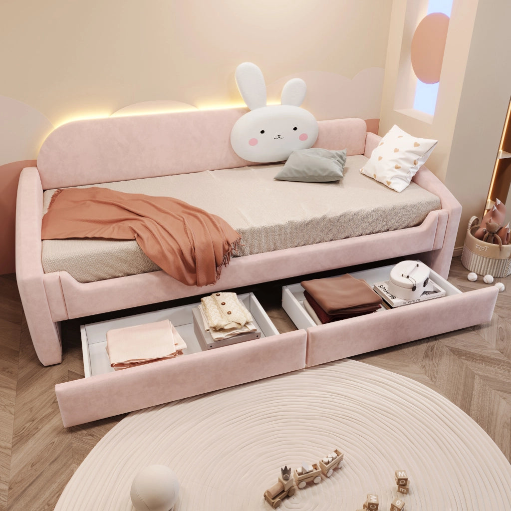 LETTO Sofa per bambini 90x200 cm in velluto rosa con LED