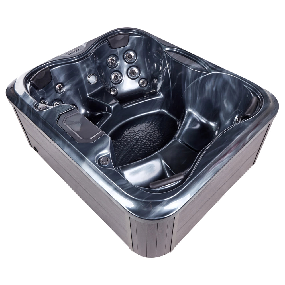 Vasca Idromassaggio Acrilico Grigio 180 x 215 cm 4 Posti 19 Getti Idromassaggio Cassa in Alluminio Effetto Legno con Luce LED